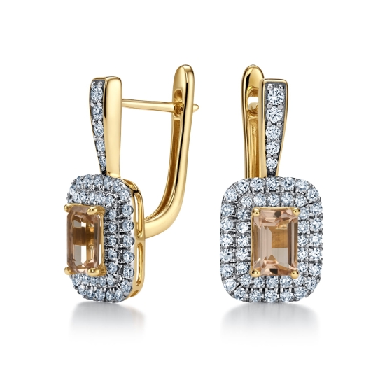Kolczyki złote z morganitem i diamentami naturalnymi